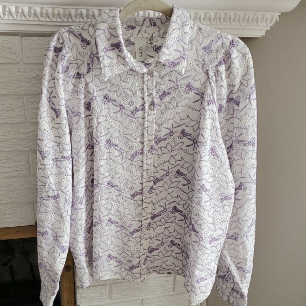 NWT Y.A.S Purple White Lace Button Up Balloon Sleeves Organic Cotton Blouse  XL